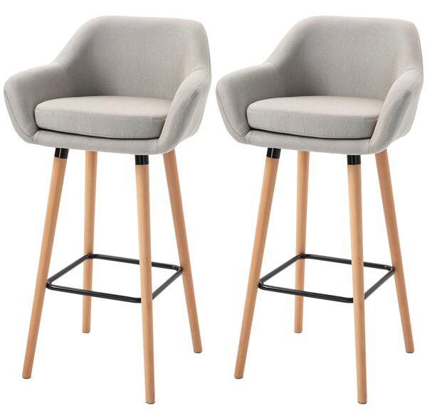 HOMCOM Sgabelli da Bar Design Scandinavo - Set di 2 Sgabelli da Bar Grand Comfort con Poggiapiedi e Braccioli - Legno Massiccio Lino Beige