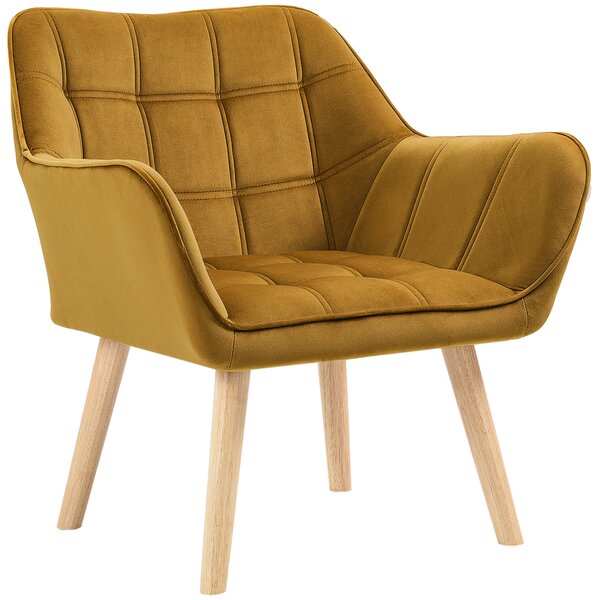 HOMCOM Poltrona Imbottita, Poltrona da Accenti, Design Scandinavo, Velluto, fino a 120 kg, Gambe in legno di Gomma, Giallo