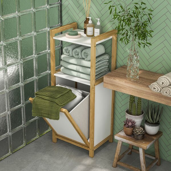 HOMCOM Mobile in bambù con cesto per il bucato bagno risparmio spazio - 2 mensole - dim. 40L x 30l x 86,5H cm