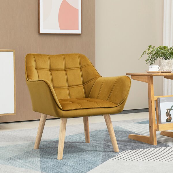 HOMCOM Poltrona Imbottita, Poltrona da Accenti, Design Scandinavo, Velluto, fino a 120 kg, Gambe in legno di Gomma, Giallo
