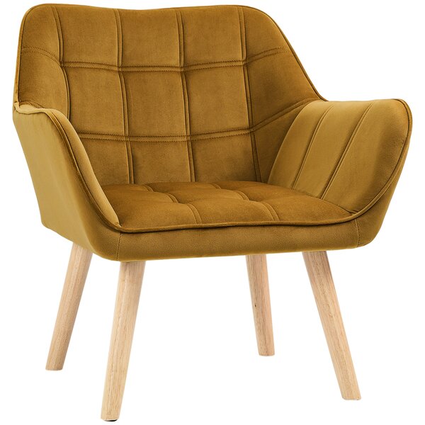HOMCOM Poltrona Imbottita, Poltrona da Accenti, Design Scandinavo, Velluto, fino a 120 kg, Gambe in legno di Gomma, Giallo