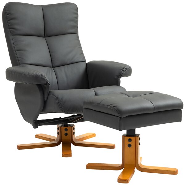 HOMCOM Poltrona relax con pouf, Schienale inclinabile fino a 145°, Girevole a 360°, Similpelle, Grigio scuro