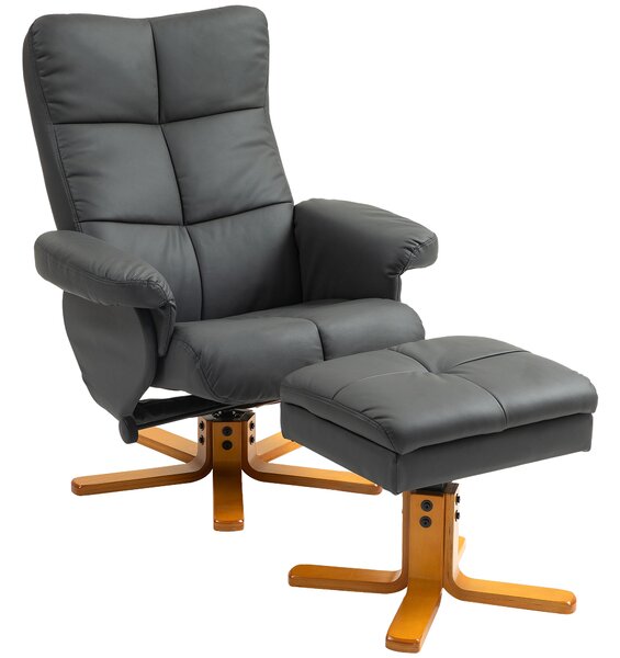 HOMCOM Poltrona relax con pouf, Schienale inclinabile fino a 145°, Girevole a 360°, Similpelle, Grigio scuro