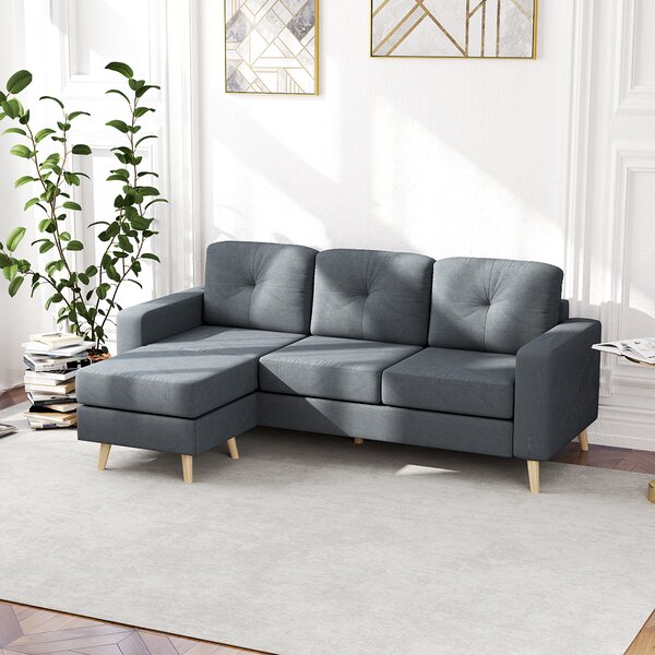 HOMCOM Divano diritto 3 posti e pouf trasformabile con braccioli design scandinavo 193 x 136 x 85 cm grigio antracite