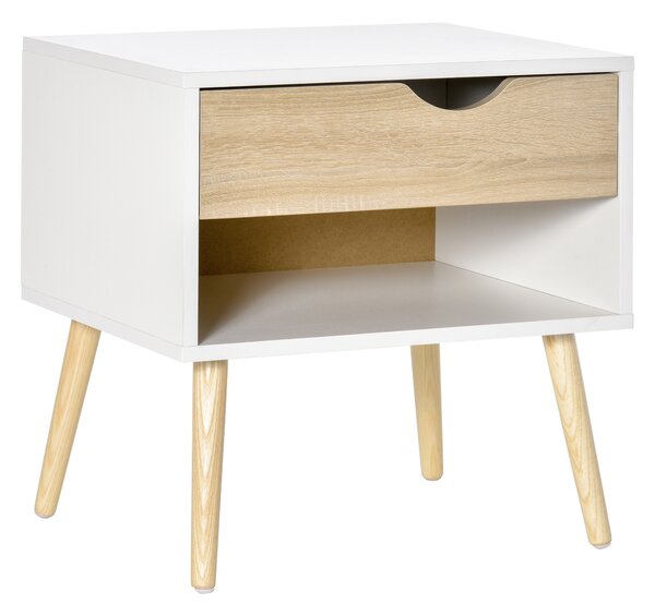 HOMCOM Comodino, tavolino da notte, con cassetto, design moderno, gambe in legno massiccio, 50 x 39 x 51 cm, bianco e legno naturale