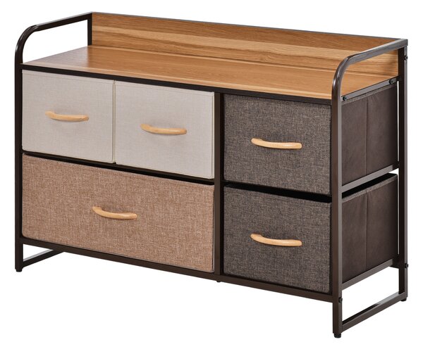HOMCOM Cassettiera Mobile da Rangement 5 cassetti in Tessuto 87,5 x 29 x 58 cm Marrone e Beige