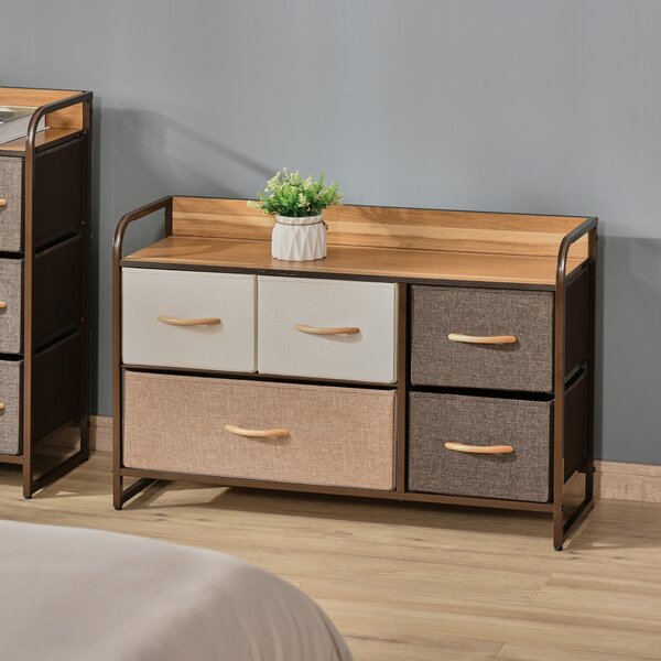 HOMCOM Cassettiera Mobile da Rangement 5 cassetti in Tessuto 87,5 x 29 x 58 cm Marrone e Beige
