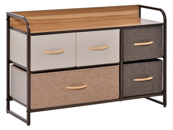 HOMCOM Cassettiera Mobile da Rangement 5 cassetti in Tessuto 87,5 x 29 x 58 cm Marrone e Beige