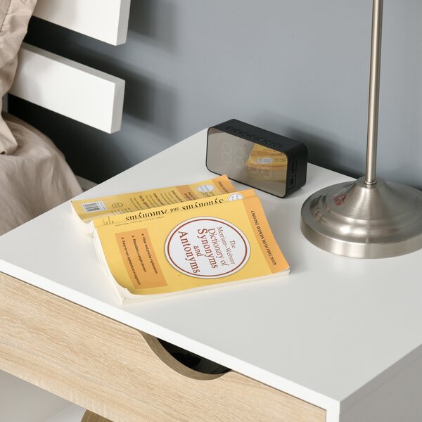 HOMCOM Comodino, tavolino da notte, con cassetto, design moderno, gambe in legno massiccio, 50 x 39 x 51 cm, bianco e legno naturale