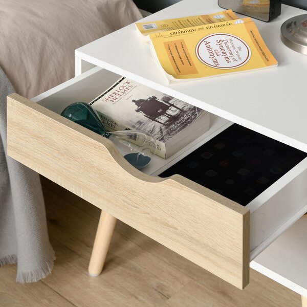 HOMCOM Comodino, tavolino da notte, con cassetto, design moderno, gambe in legno massiccio, 50 x 39 x 51 cm, bianco e legno naturale