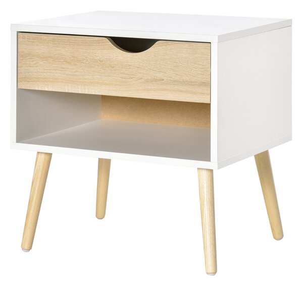HOMCOM Comodino, tavolino da notte, con cassetto, design moderno, gambe in legno massiccio, 50 x 39 x 51 cm, bianco e legno naturale