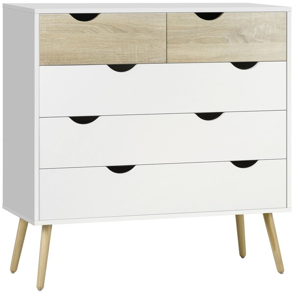 HOMCOM Cassettiera 5 cassetti Design scandinavo Mobiletto per Riporre Camera Pannelli di Particelle 99 x 39 x 101 cm Bianco Effetto rovere Chiaro