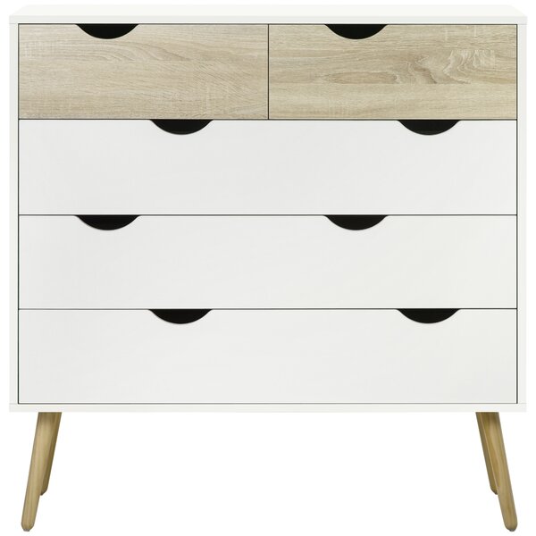 HOMCOM Cassettiera 5 cassetti Design scandinavo Mobiletto per Riporre Camera Pannelli di Particelle 99 x 39 x 101 cm Bianco Effetto rovere Chiaro