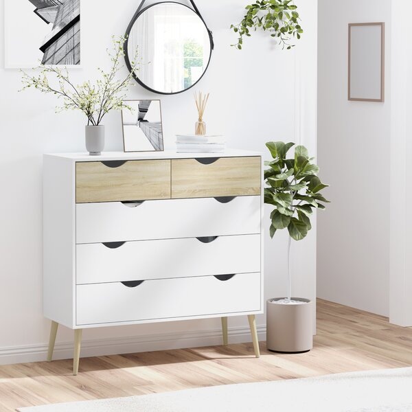 HOMCOM Cassettiera 5 cassetti Design scandinavo Mobiletto per Riporre Camera Pannelli di Particelle 99 x 39 x 101 cm Bianco Effetto rovere Chiaro