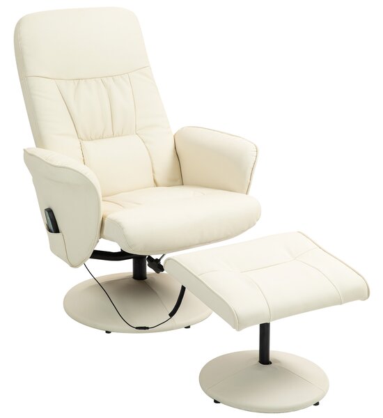 HOMCOM Poltrona massaggiante con poggiapiedi, Sedia ergonomica con 10 punti vibrazione, Ecopelle, 76 x 81 x 105 cm, Bianco crema