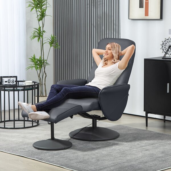 HOMCOM Poltrona massaggiante con poggiapiedi, Sedia ergonomica con 10 punti vibromassaggio, Ecopelle, 76 x 81 x 105 cm, Grigio scuro