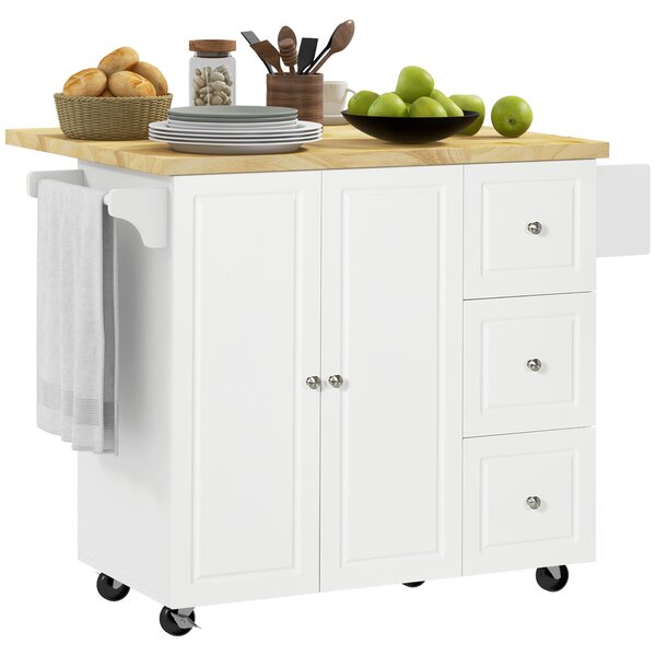 HOMCOM Isola da cucina con piano di lavoro ribaltabile 3 cassetti 1 armadio portasciugamani e porta-spezie 111,5 x 75 x 89 cm bianco