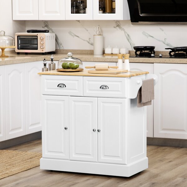 HOMCOM Carrello da Cucina su Ruote Isola da Cucina con 2 Cassetti Porta Spezie e Porta asciugamani 110x45x91 cm Bianco