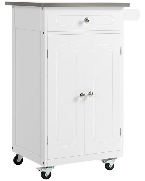 HOMCOM Carrello da servizio per cucina con ruote multi-stoccaggio, 1 cassetto, armadio doppia porta con ripiano, porta strofinacci, MDF bianco e acciaio inox