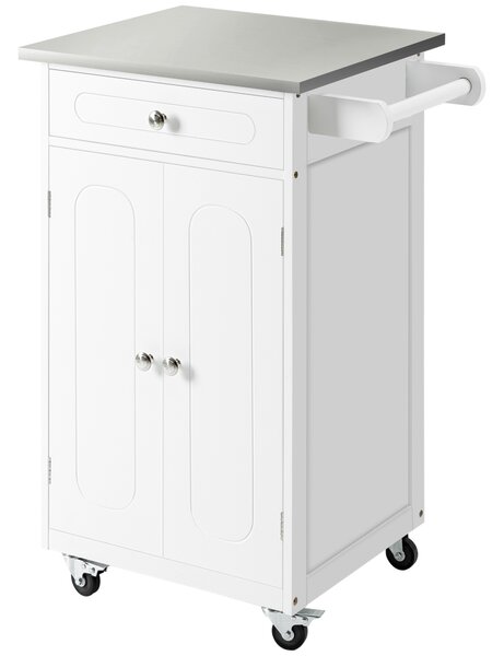 HOMCOM Carrello da servizio per cucina con ruote multi-stoccaggio, 1 cassetto, armadio doppia porta con ripiano, porta strofinacci, MDF bianco e acciaio inox