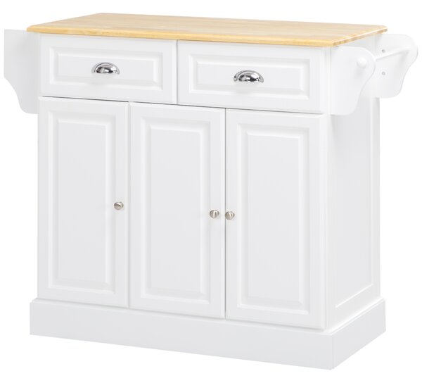HOMCOM Carrello da Cucina su Ruote Isola da Cucina con 2 Cassetti Porta Spezie e Porta asciugamani 110x45x91 cm Bianco