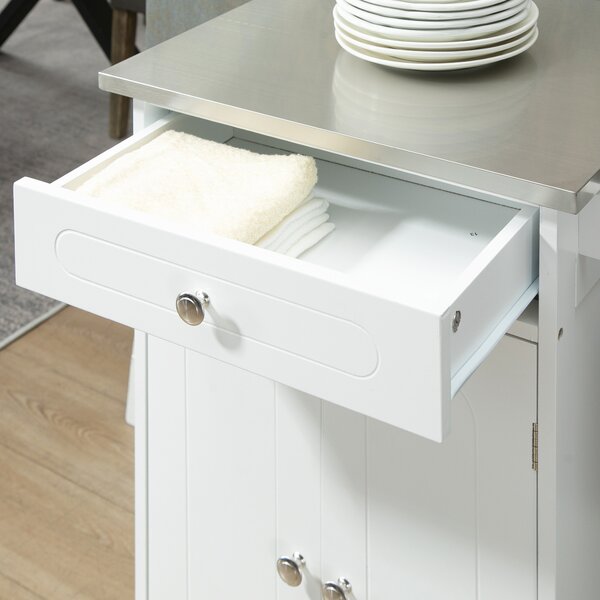 HOMCOM Carrello da servizio per cucina con ruote multi-stoccaggio, 1 cassetto, armadio doppia porta con ripiano, porta strofinacci, MDF bianco e acciaio inox