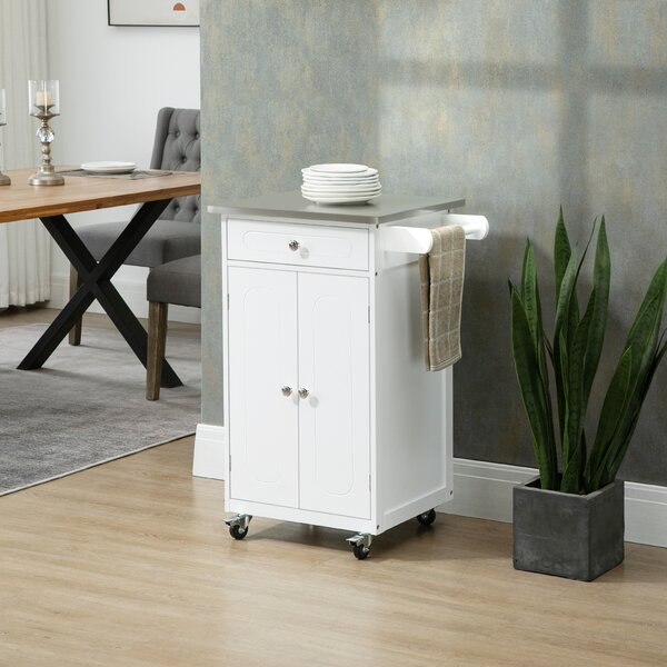 HOMCOM Carrello da servizio per cucina con ruote multi-stoccaggio, 1 cassetto, armadio doppia porta con ripiano, porta strofinacci, MDF bianco e acciaio inox
