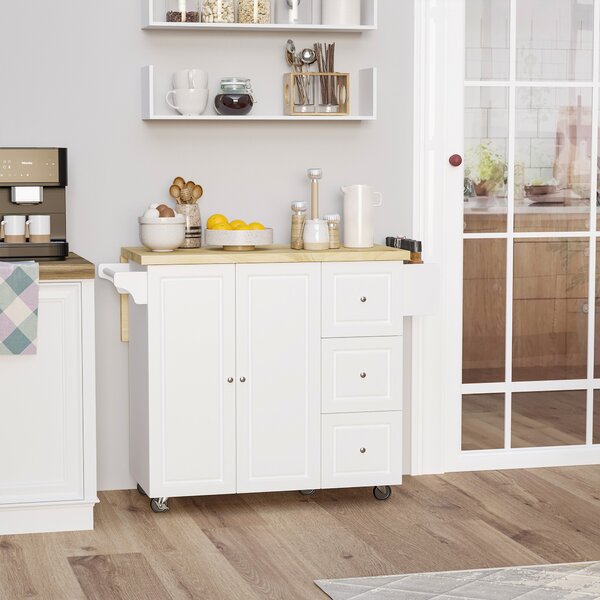 HOMCOM Isola da cucina con piano di lavoro ribaltabile 3 cassetti 1 armadio portasciugamani e porta-spezie 111,5 x 75 x 89 cm bianco