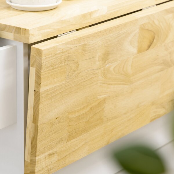 HOMCOM Isola da cucina con piano di lavoro ribaltabile 3 cassetti 1 armadio portasciugamani e porta-spezie 111,5 x 75 x 89 cm bianco
