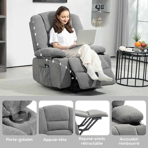 HOMCOM Poltrona sollevabile relax elettrica, funzione massaggio e calore, inclinazione regolabile, poggia piedi, telecomandi, grigio