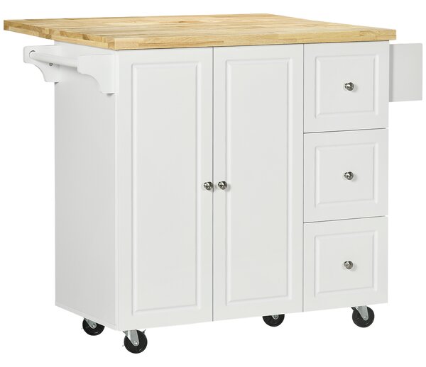 HOMCOM Isola da cucina con piano di lavoro ribaltabile 3 cassetti 1 armadio portasciugamani e porta-spezie 111,5 x 75 x 89 cm bianco