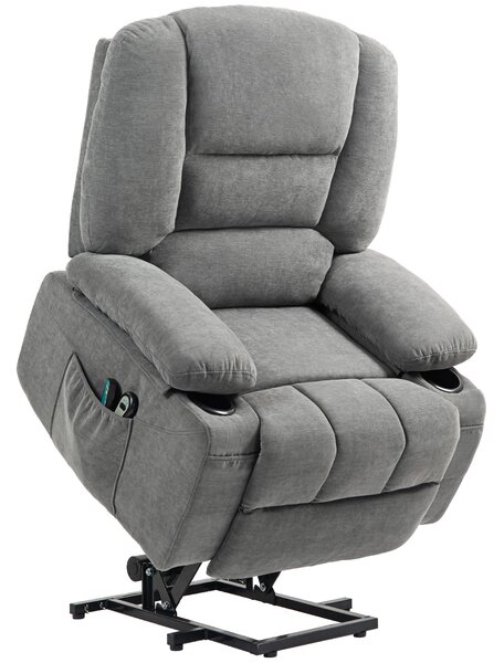 HOMCOM Poltrona sollevabile relax elettrica, funzione massaggio e calore, inclinazione regolabile, poggia piedi, telecomandi, grigio