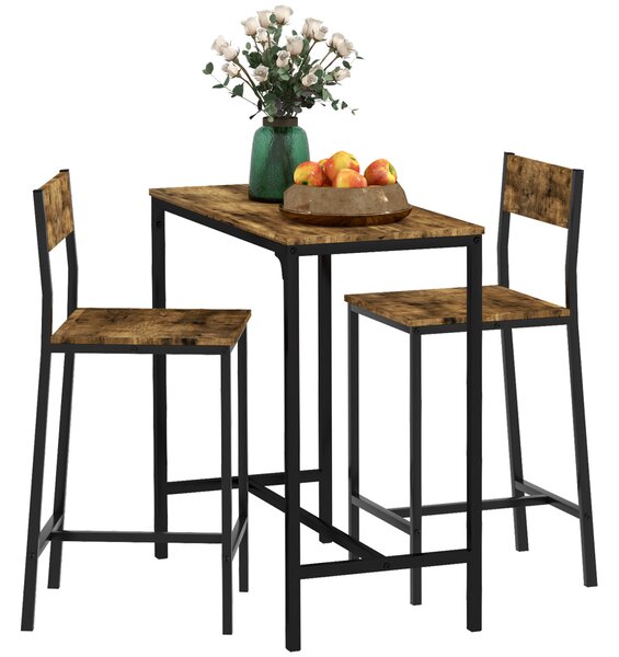 HOMCOM Set Bar da 3 Pezzi, Tavolo da Bar, 2 Sedie, MDF, Telaio in Metallo, Resistente all'Acqua, Marrone | Aosom Italy