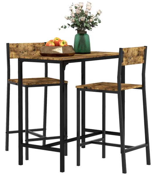 HOMCOM Set Bar da 3 Pezzi, Tavolo da Bar, 2 Sedie, MDF, Telaio in Metallo, Resistente all'Acqua, Marrone | Aosom Italy