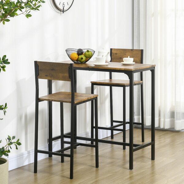 HOMCOM Set Bar da 3 Pezzi, Tavolo da Bar, 2 Sedie, MDF, Telaio in Metallo, Resistente all'Acqua, Marrone | Aosom Italy