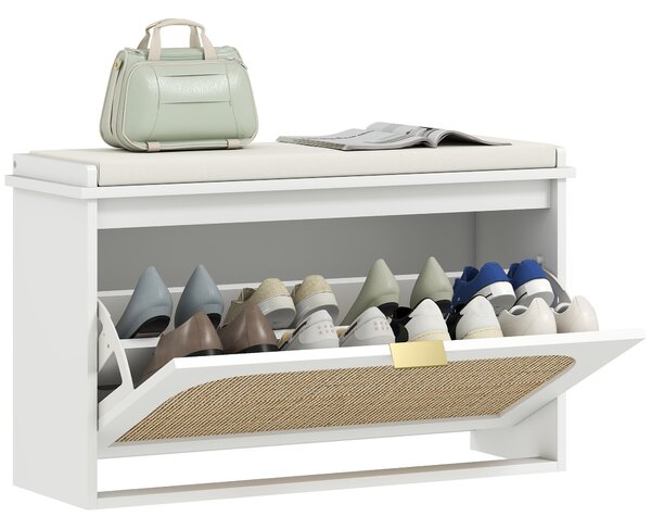 HOMCOM Panca Scarpiera con Seduta Imbottita da Ingresso, Design a Ribalta, in Rattan, 180x26x47,5 cm, Bianco | Aosom Italy