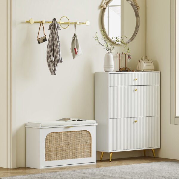 HOMCOM Panca Scarpiera con Seduta Imbottita da Ingresso, Design a Ribalta, in Rattan, 180x26x47,5 cm, Bianco | Aosom Italy