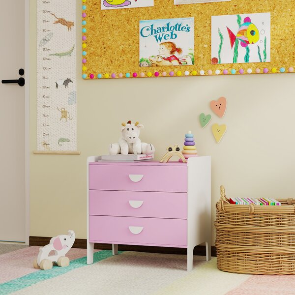 AIYAPLAY Cassettiera per bambini, cassettiera 3 cassetti per camera per bambini, nursery, sala giochi, 60 x 40 x 60 cm, rosa | Aosom Italy