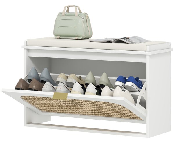 HOMCOM Panca Scarpiera con Seduta Imbottita da Ingresso, Design a Ribalta, in Rattan, 180x26x47,5 cm, Bianco | Aosom Italy