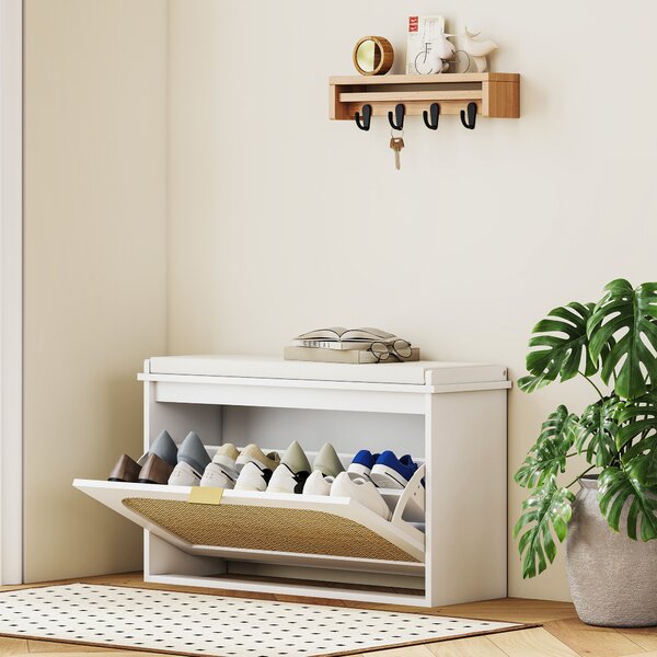 HOMCOM Panca Scarpiera con Seduta Imbottita da Ingresso, Design a Ribalta, in Rattan, 180x26x47,5 cm, Bianco | Aosom Italy