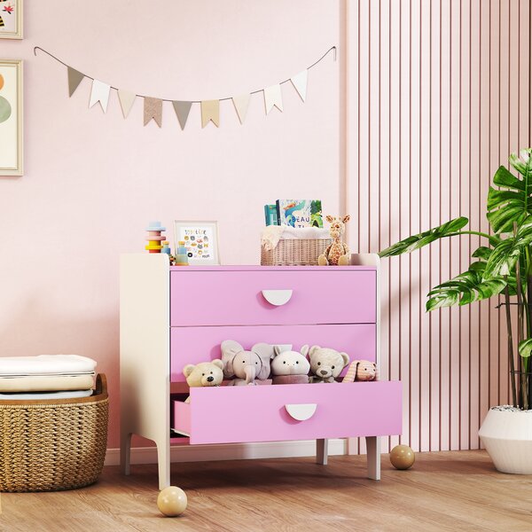 AIYAPLAY Cassettiera per bambini, cassettiera 3 cassetti per camera per bambini, nursery, sala giochi, 60 x 40 x 60 cm, rosa | Aosom Italy