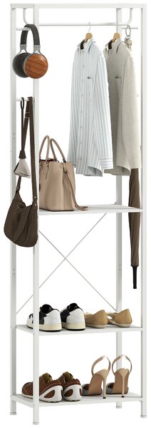HOMCOM Appendiabiti con Scarpiera a 2 Livelli, Barra Appendi Abiti, 4 Ganci, Mensola Superiore, 52x30x180 cm, Bianco | Aosom Italy