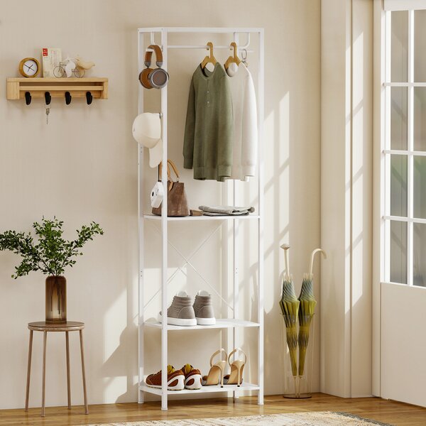 HOMCOM Appendiabiti con Scarpiera a 2 Livelli, Barra Appendi Abiti, 4 Ganci, Mensola Superiore, 52x30x180 cm, Bianco | Aosom Italy
