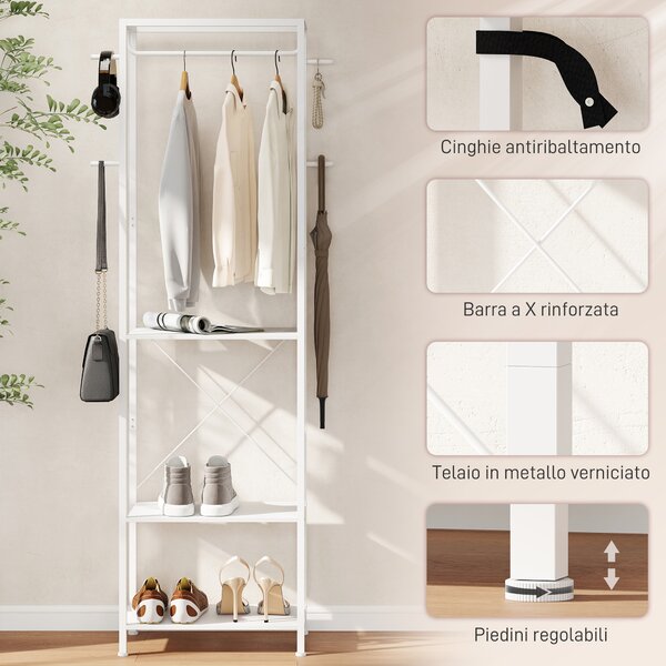 HOMCOM Appendiabiti con Scarpiera a 2 Livelli, Barra Appendi Abiti, 4 Ganci, Mensola Superiore, 52x30x180 cm, Bianco | Aosom Italy