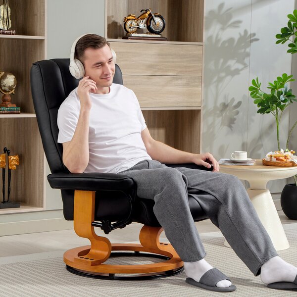 HOMCOM Poltrona relax reclinabile con poggiapiedi, girevole, struttura in legno, rivestimento sintetico nero | Aosom Italy