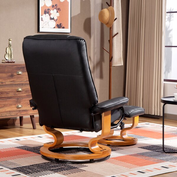 HOMCOM Poltrona relax reclinabile con poggiapiedi, girevole, struttura in legno, rivestimento sintetico nero | Aosom Italy