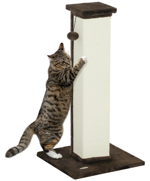 PawHut Grattatoio per gatti asta grattatoio gatto in sisal e peluche, pallina sospesa base stabile 41 x 41 x 81 cm marrone e crema | Aosom Italy