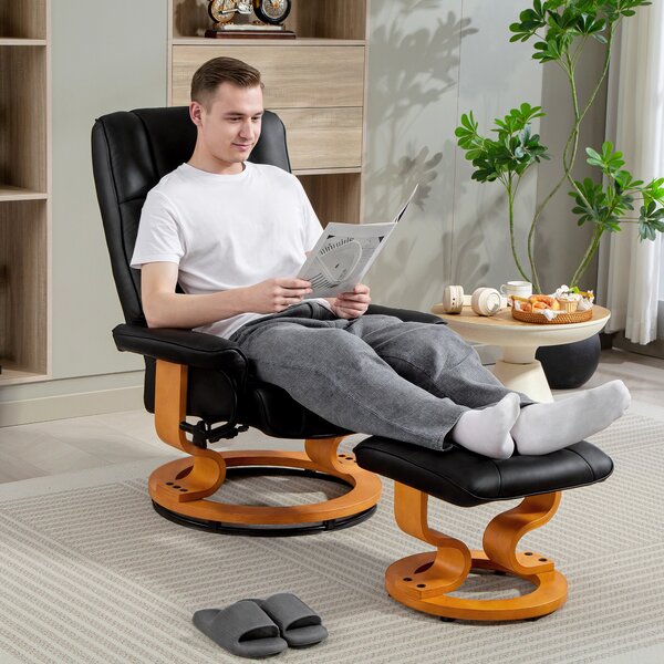 HOMCOM Poltrona relax reclinabile con poggiapiedi, girevole, struttura in legno, rivestimento sintetico nero | Aosom Italy