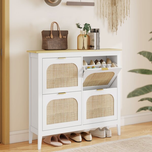 HOMCOM Mobile Scarpiera per 20 Paia di Scarpe con 4 Cassetti Ribaltabili in Legno e Rattan, 105x24x95,5 cm, Bianco | Aosom Italy