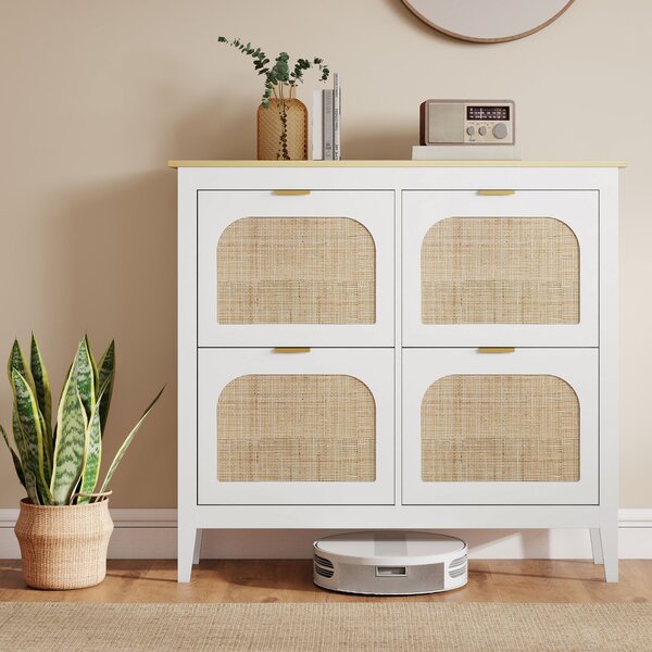 HOMCOM Mobile Scarpiera per 20 Paia di Scarpe con 4 Cassetti Ribaltabili in Legno e Rattan, 105x24x95,5 cm, Bianco | Aosom Italy